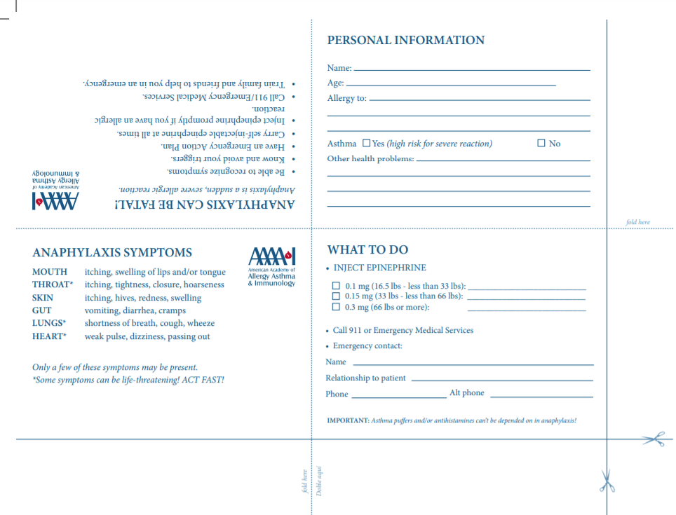 Emergency Wallet Cards – Food Allergy Toolbox